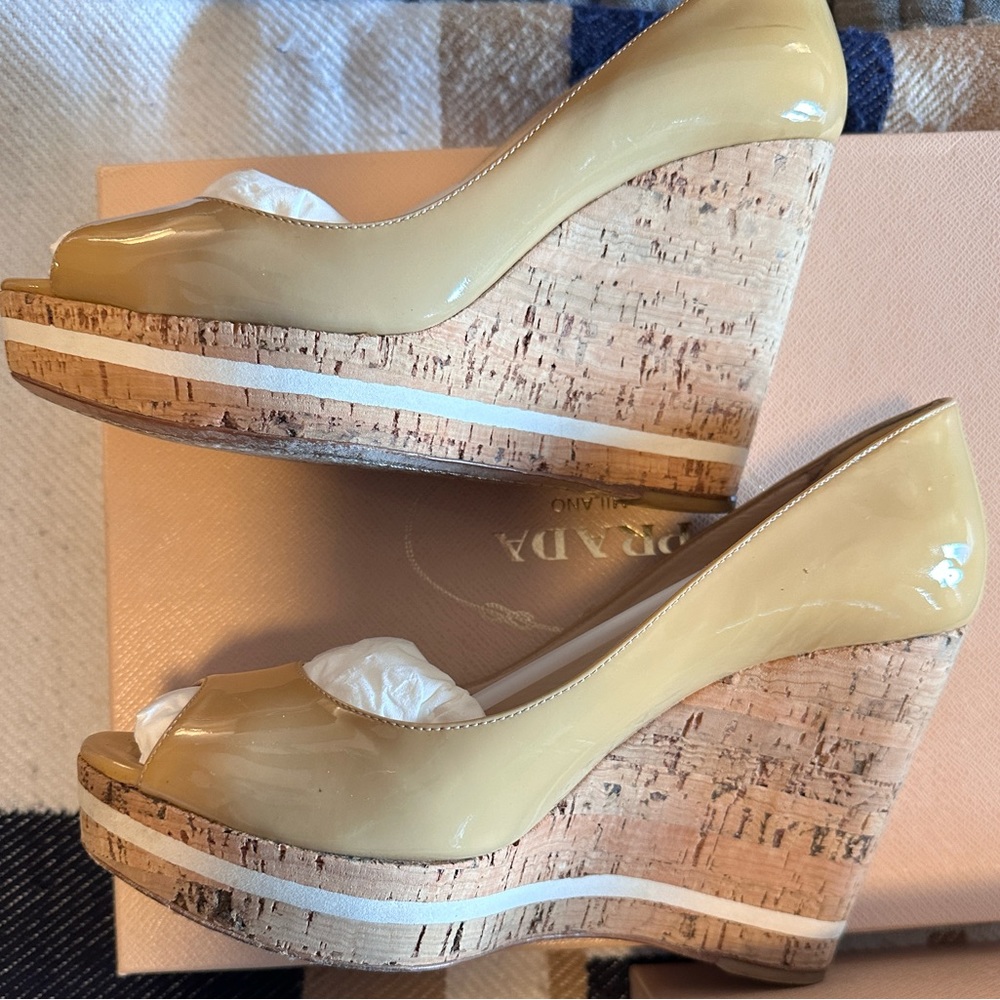 Authentic Prada patent leather striped cork platform sandal wedge size 39.